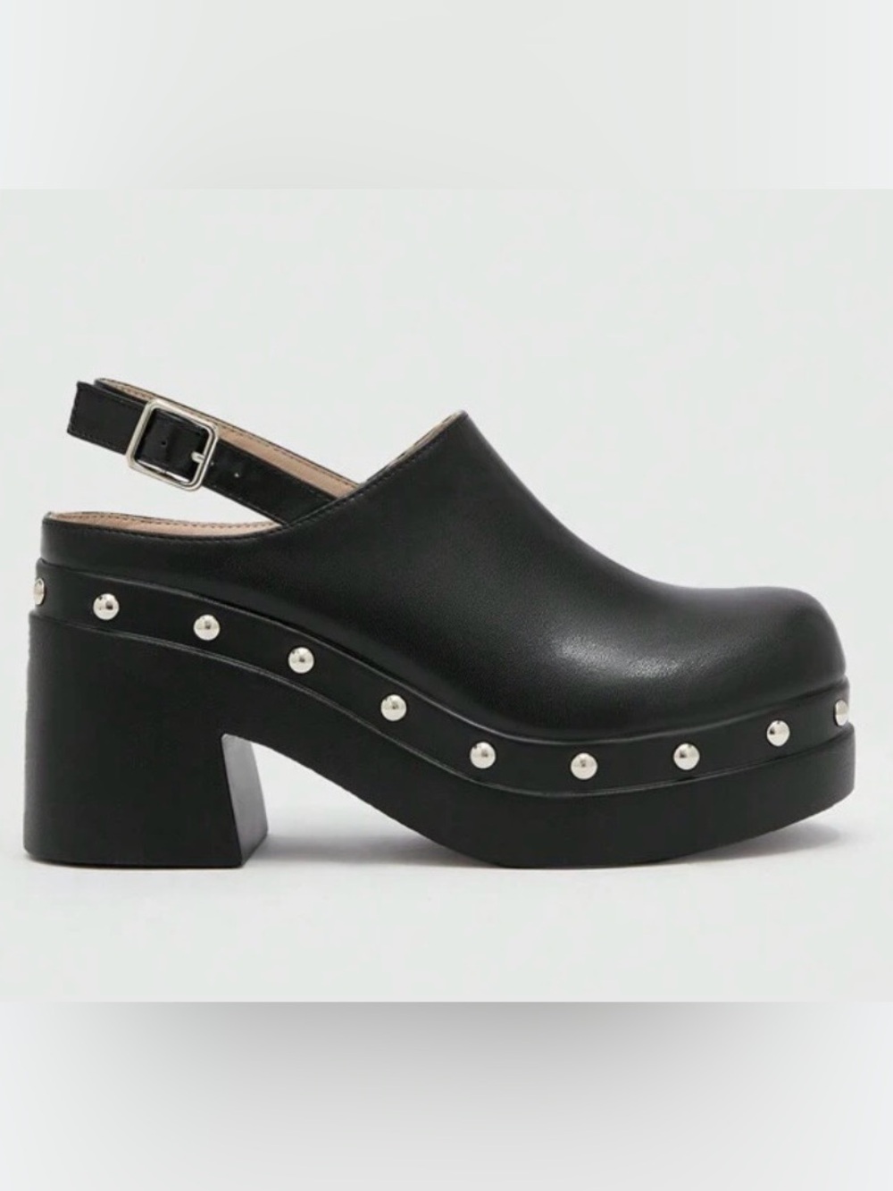Black Studded Platform Slingback Clog Heels - Women